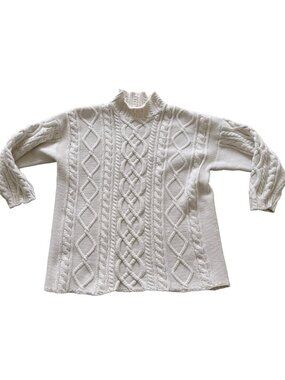 Hand Frame Knit Cream Cable Knit Mock Neck Sweater Womens Fisherman Cotton M